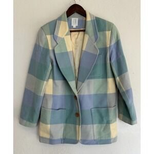 Vintage 90s Clifford And Willis Spring Pastel Plaid‎ Wool Blazer Jacket 8 Preppy